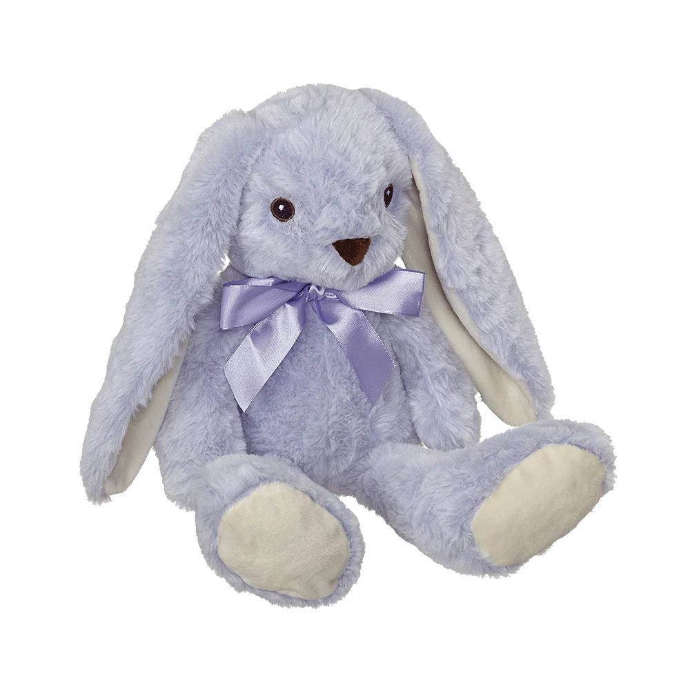 Plush bunny toy with a purple bow on a white background