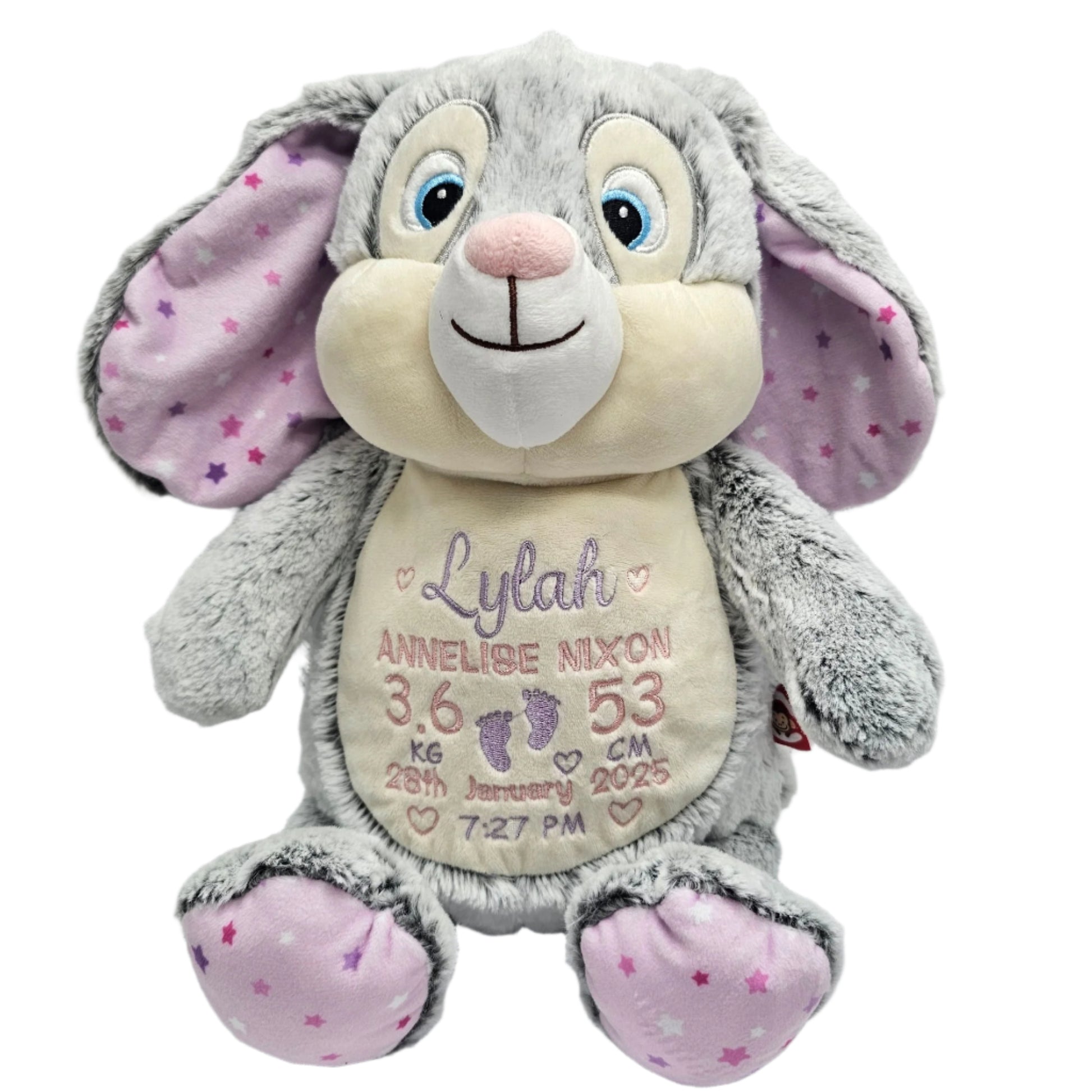 Lilac Star Bunny Cubby embroidered with personalised birth block