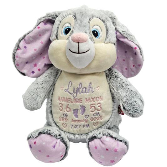 Lilac Star Bunny Cubby embroidered with personalised birth block