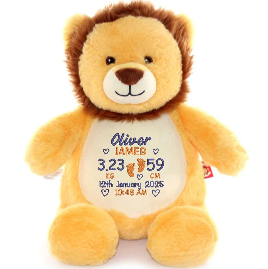 Lion Cubby teddy with a birth block embroidered onto the stomach