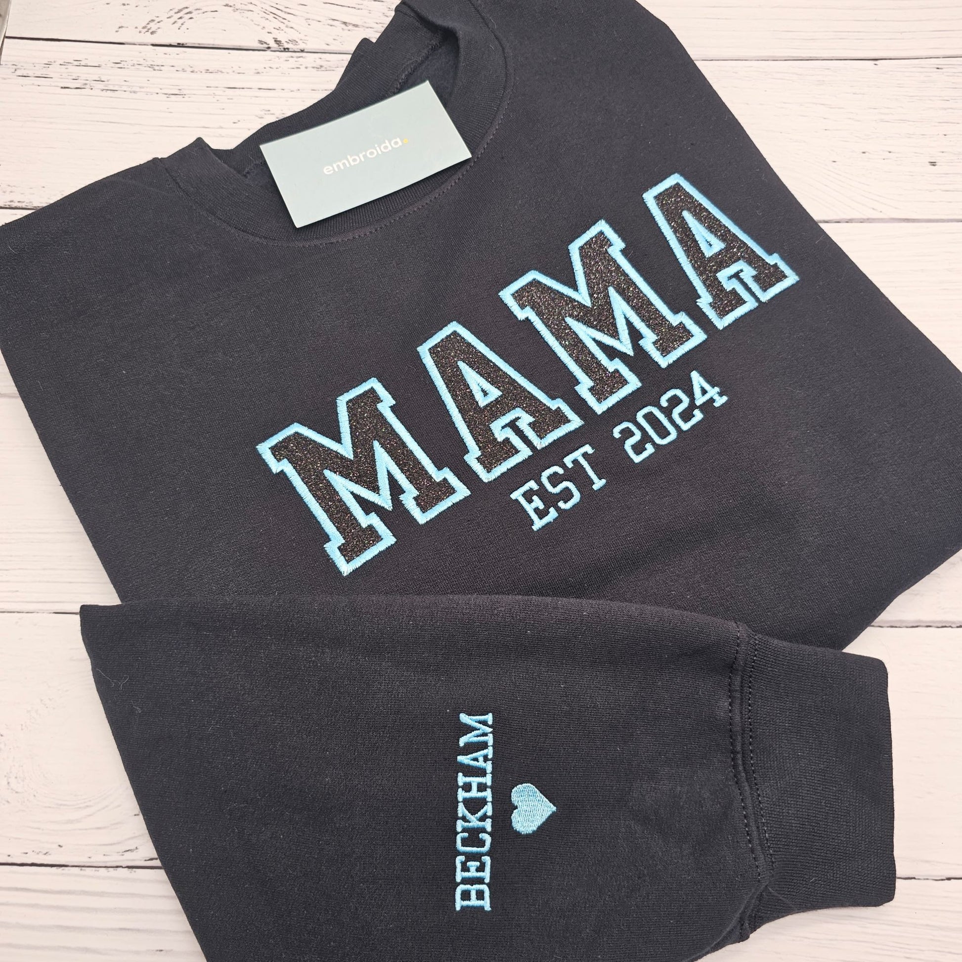 MAMA crewneck jumper with Glitter HTV Vinyl embroidered into the jumper