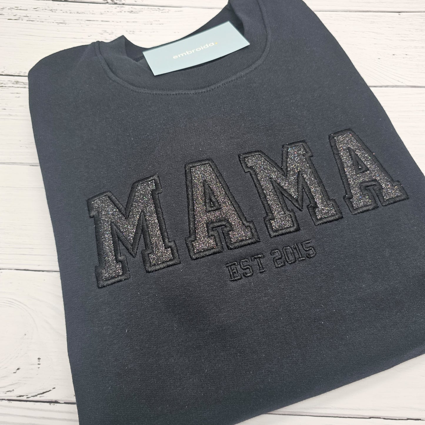 MAMA crewneck jumper with Glitter HTV Vinyl embroidered into the jumper