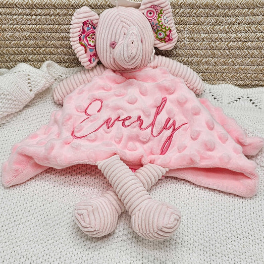 Minky pink elephant comforter personalised baby name with embroidery