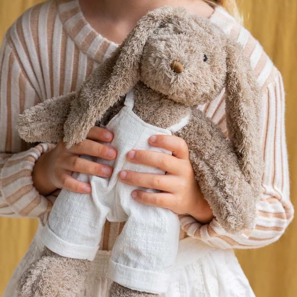 Nana Huchy Mr Honey Bunny wearing white overalls personalise baby name with embroidery