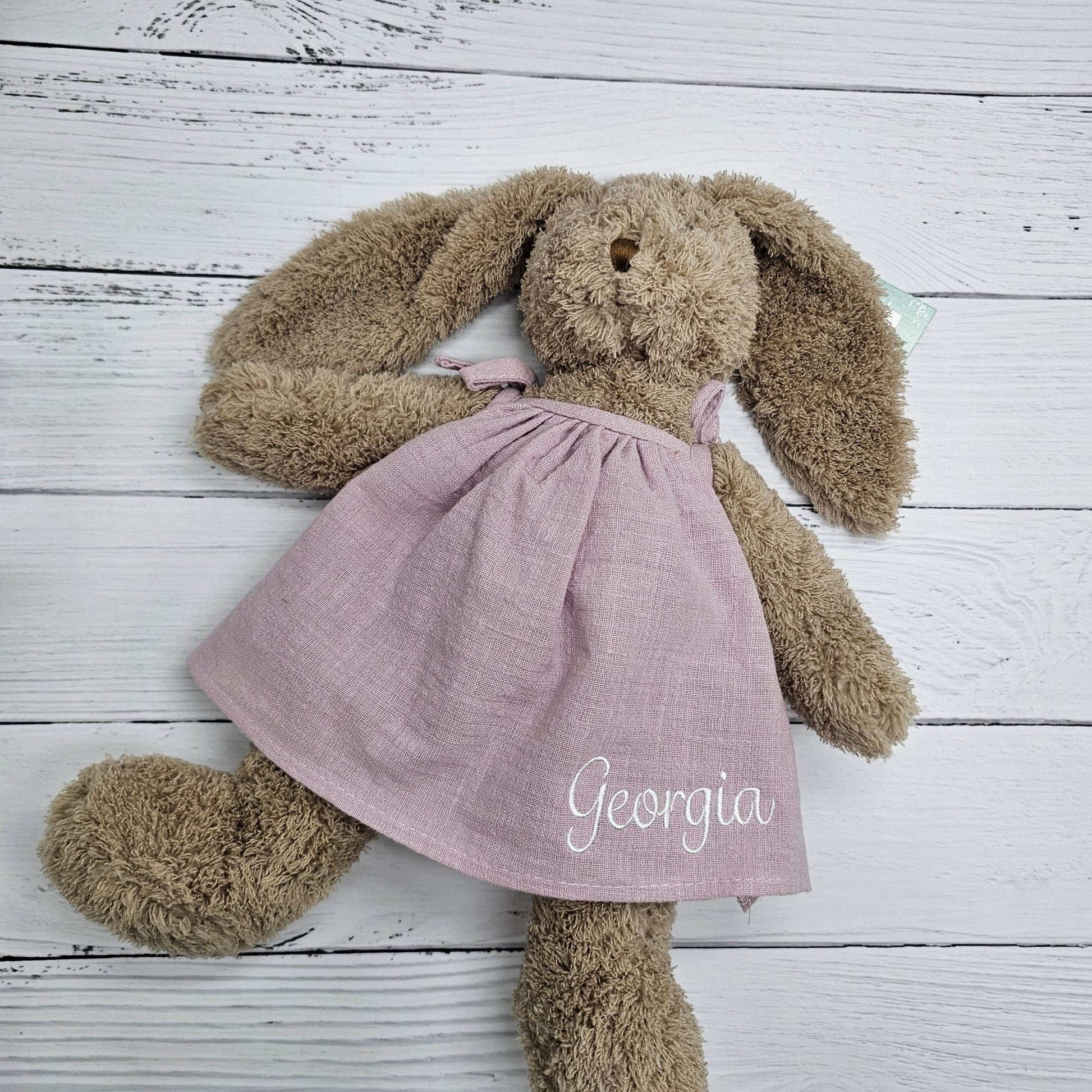 Nana huchy mrs honey bunny dressed in a lilac dress personalised with an embroidered name