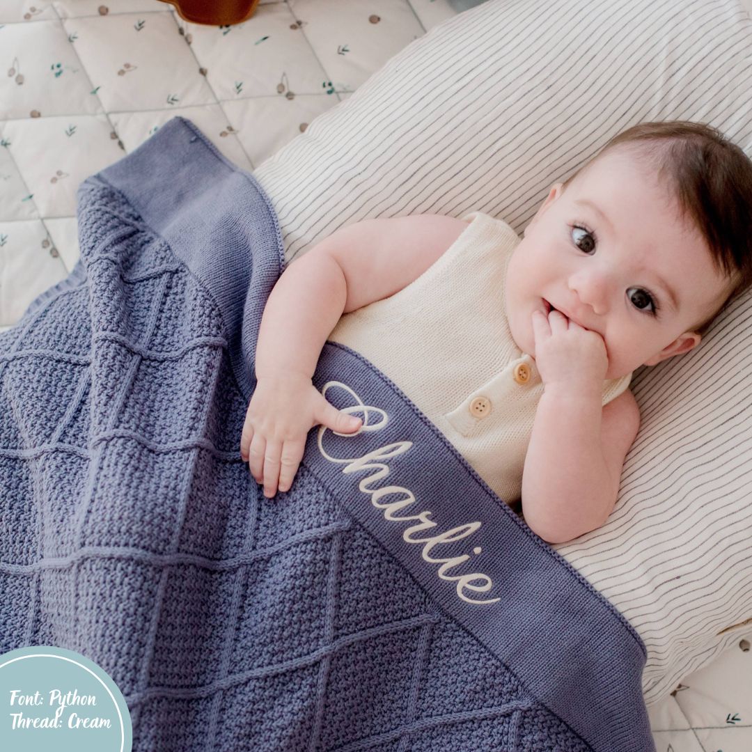 Ocean Blue Personalised Diamond Knit Baby Blanket