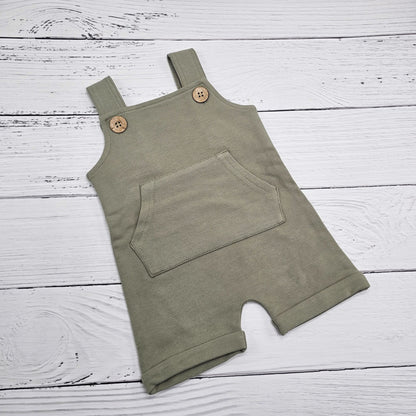 Khaki Green Baby and Toddler overalls that can be embroidered with babies name