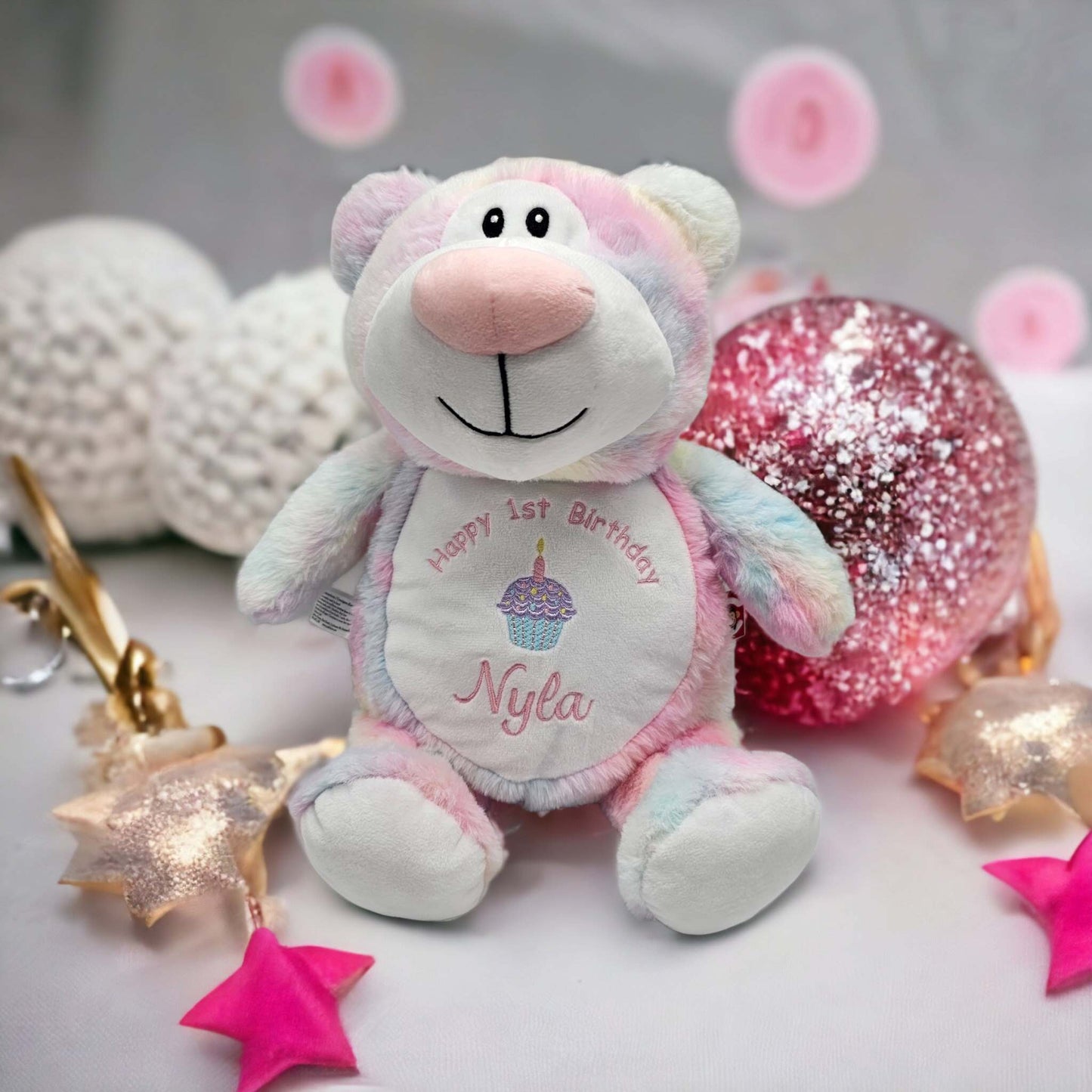 Pastel pink bear cubby personalised with embroidery
