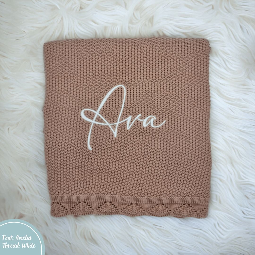 Peach Pink Crochet Knit Blanket personalised with baby or child name embroidery