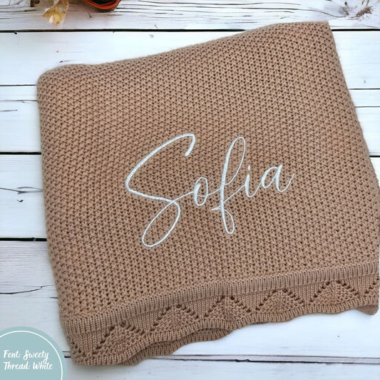 Peach Pink Crochet Knit Blanket personalised with baby or child name embroidery