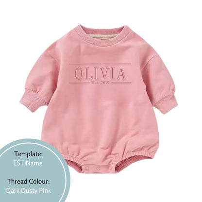 pink baby romper embroidered with a name and est date using a pink colour thread