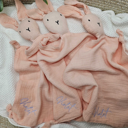 Pink Muslin Bunny Baby Comforter personalise child name with embroidery