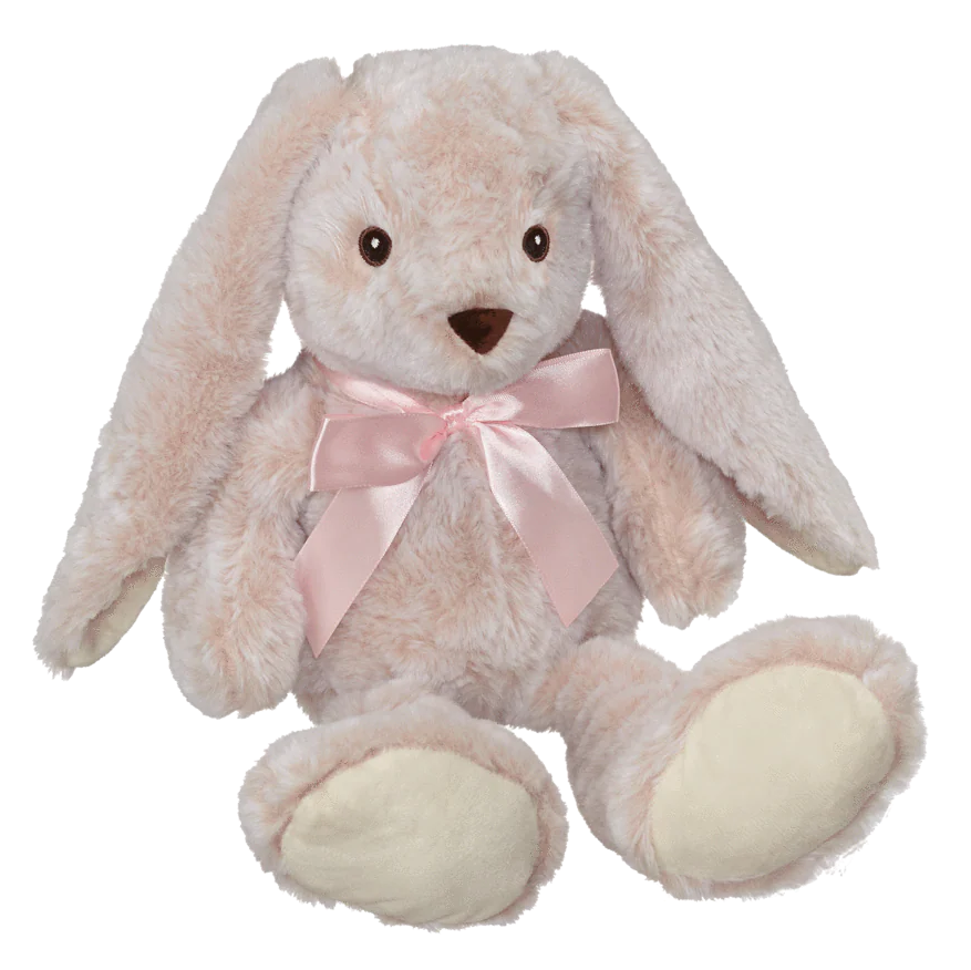 Plush bunny toy with a pink bow on a white background