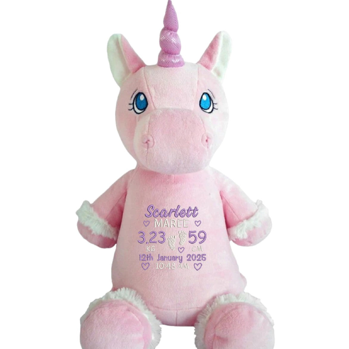 pink Unicorn cubby teddy personalised with embroidered birth block