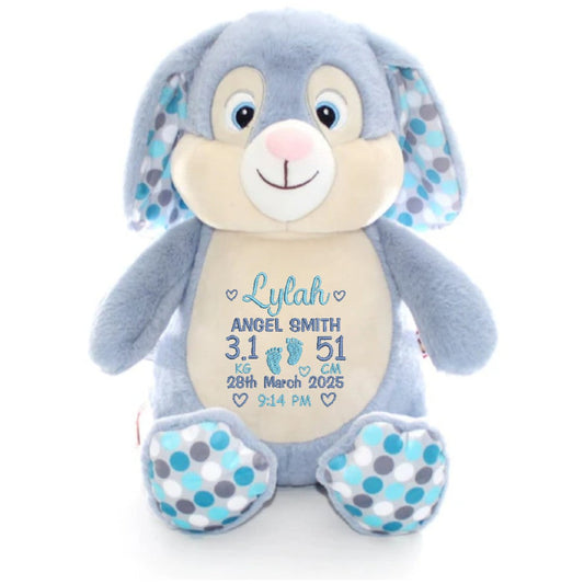soft blue bunny cubby embroidered with personalised birth details
