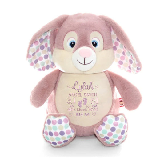 Soft pinkbunny cubby teddy personalised with embroidered birth block details