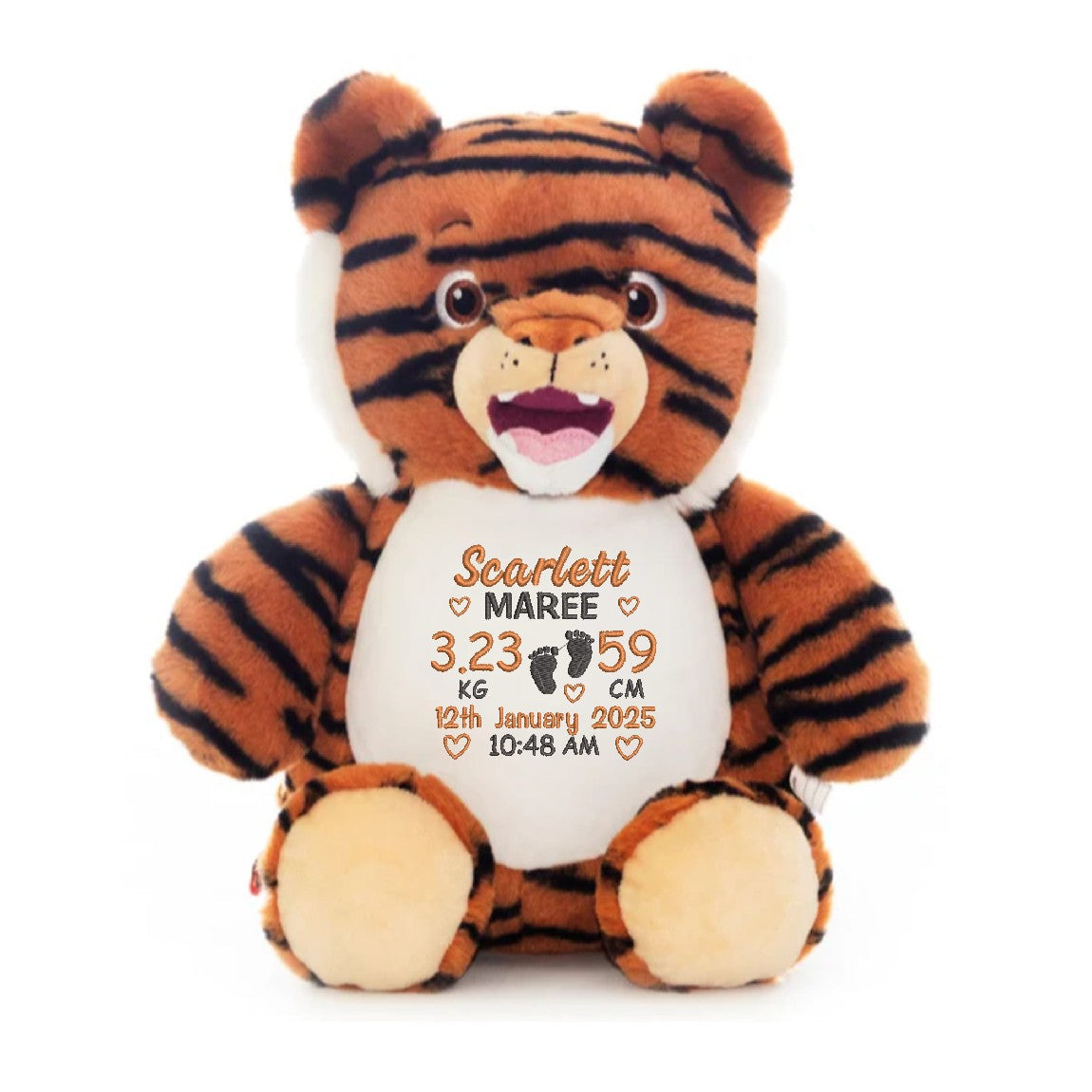 Tiger teddy cubby personalised with embroidered birth block