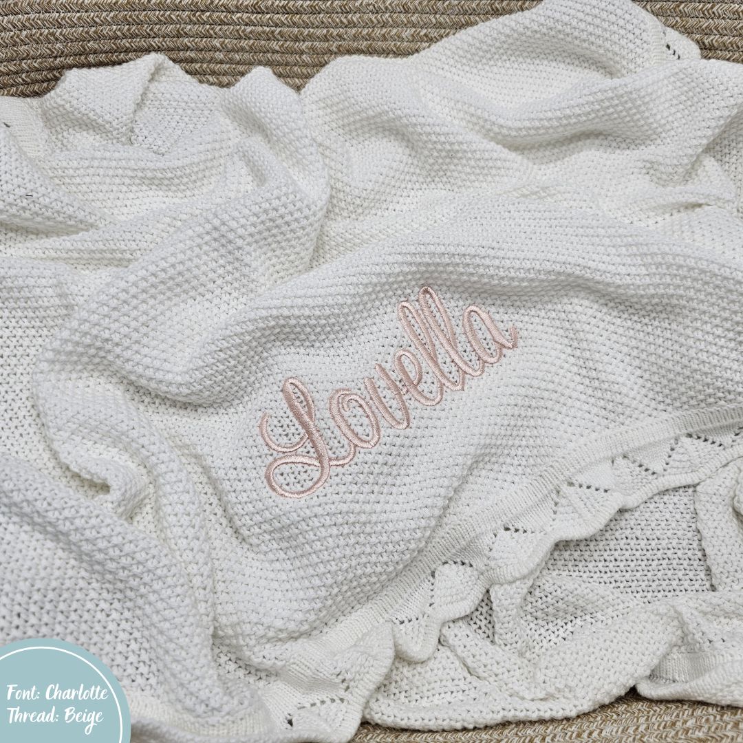 White Crochet Knit Blanket personalised with name embroidery 