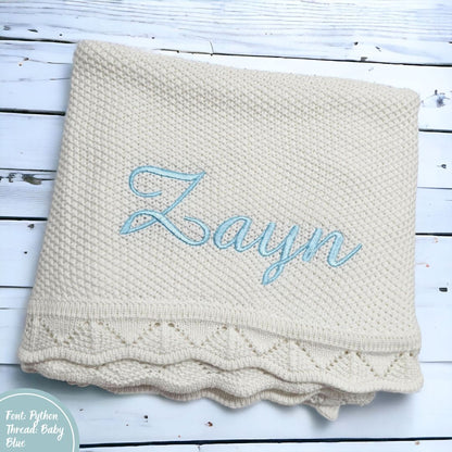 White Crochet Knit Blanket personalised with name embroidery 