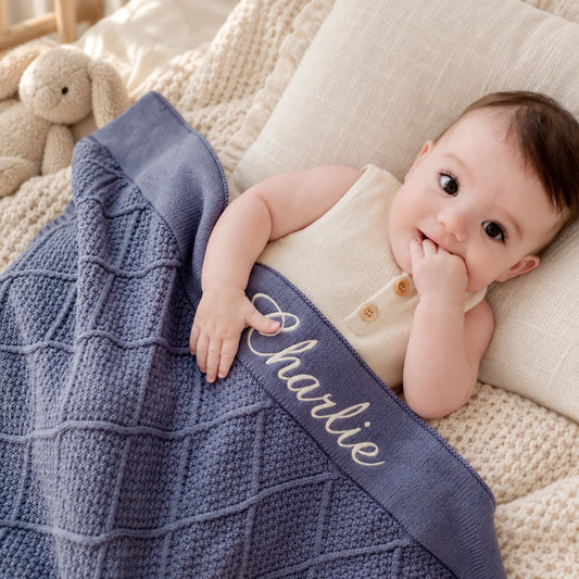 Ocean Blue Personalised Diamond Knit Baby Blanket