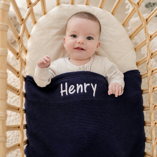 Navy Blue cotton knit blanket with baby name embroidered