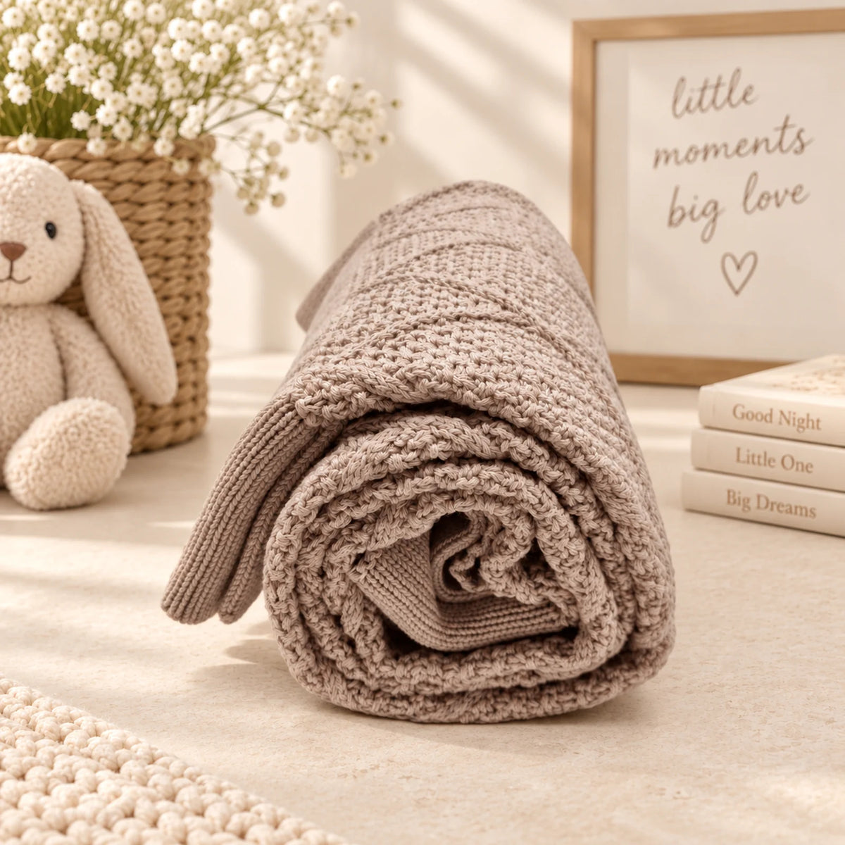 A rolled chunky knit blanket in a warm taupe-beige color sits on a light cream surface, styled with a plush bunny, a basket of baby's breath, stacked books, and a framed sign reading 'little moments big love'.