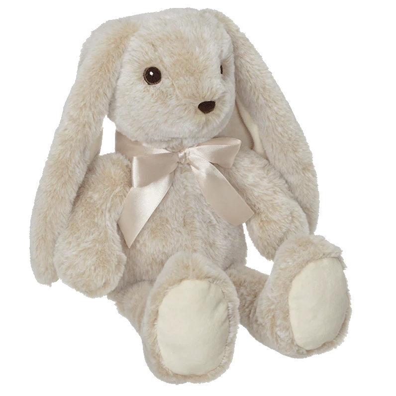 Plush bunny toy with a bow on a white background