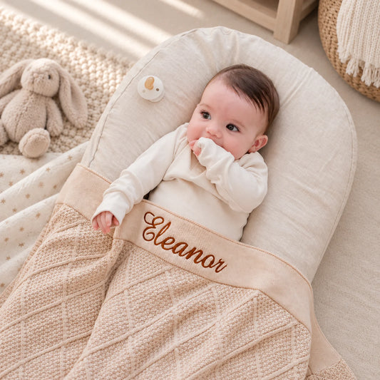 A baby lying on a beige crescent-shaped baby lounger with a knitted blanket, wearing a cream long-sleeve bodysuit. The lounger has the name 'Eleanor' embroidered in brown script on the front.