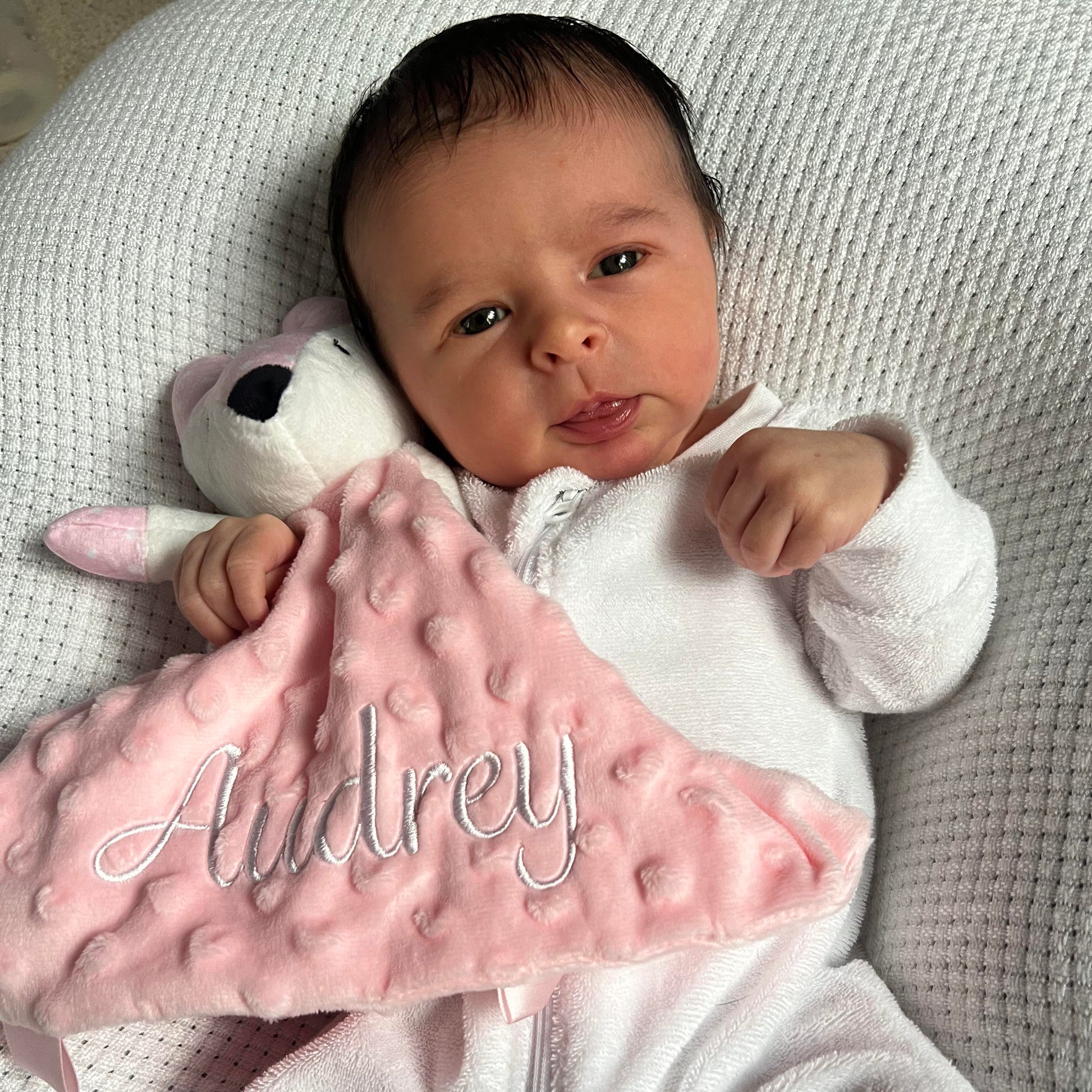 Minky Pink Rattle Fox Comforter personalised with baby name embroidery