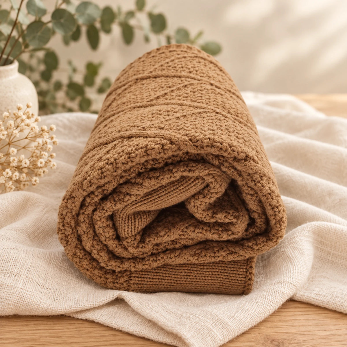 A tan brown diamond knit blankets rolled up