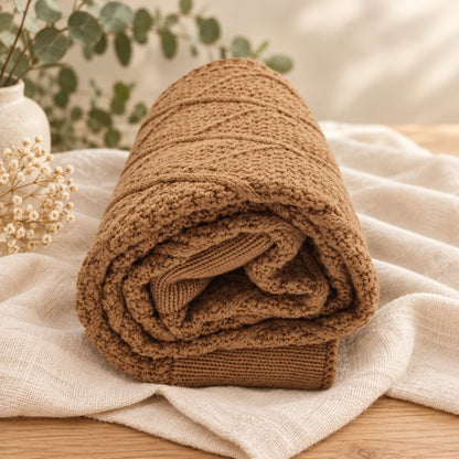 A tan brown diamond knit blankets rolled up