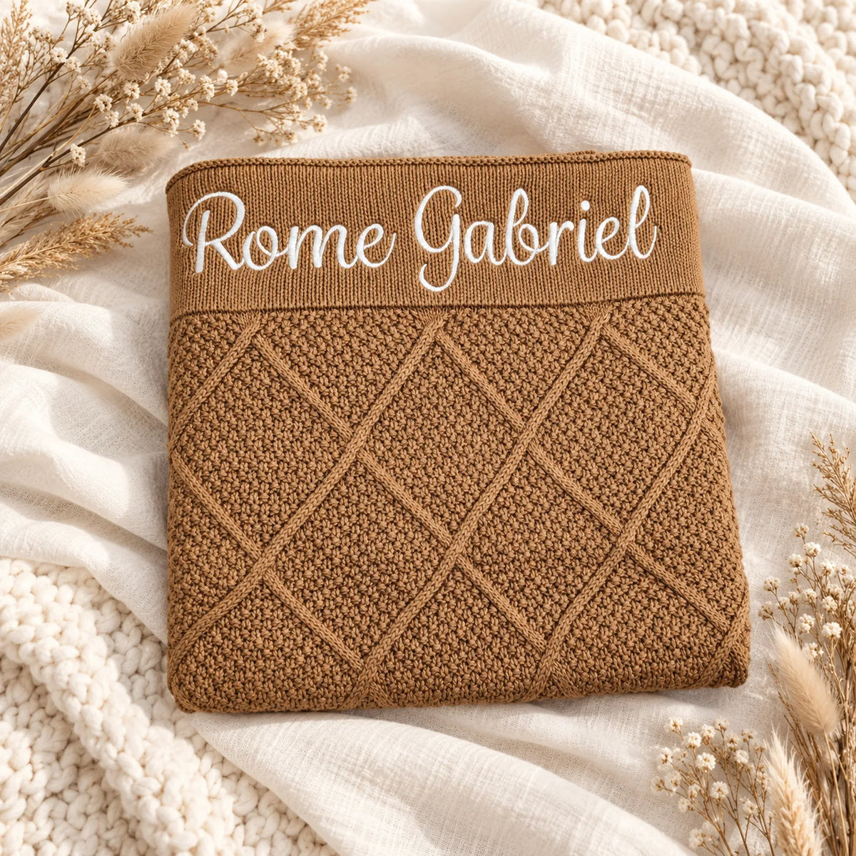 Tan Brown Personalised Diamond Knit Baby Blanket
